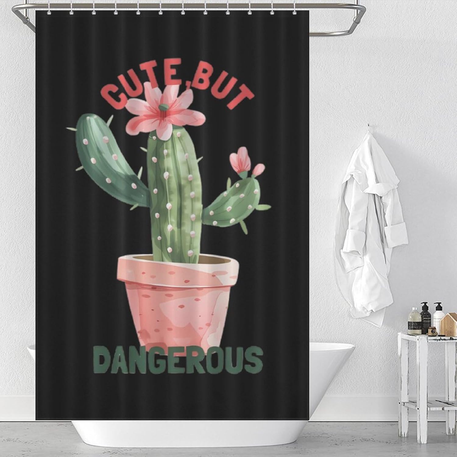Cute But Dangerous Plants Cactus Funny Shower Curtains Washable Bath Curtain Liner with Hooks for Bathroom Bath Tubs