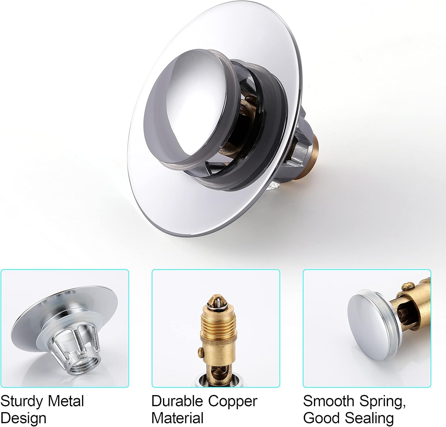 Universal Bathroom Sink Stopper - Stainless Steel Bounce Drain Filter, Pop Up Drain Stopper, Bullet Core Push Type Sink Stopper for Wash Basin, Sink Drain Plug with Anti-Clogging Strainer, Chrome