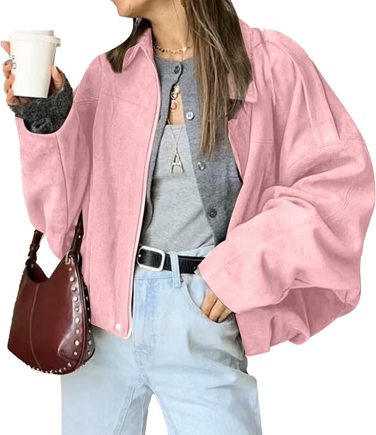 WOWULOVELY Women's Faux Suede Bomber Jacket Lapel Pilot Pocket Coat Casual Oversized Long Dolman Sleeves Trendy Streetwear - Image 2