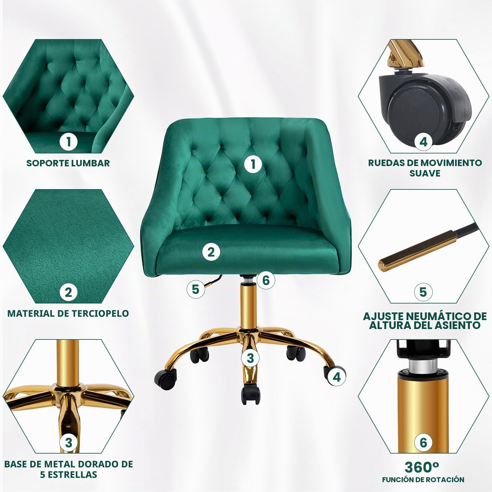 Silla Escritorio, Silla tocador con Ruedas, Altura Regulable y cojín Grueso, Patas Doradas, Ideal para Oficina y tocador, Terciopelo Verde