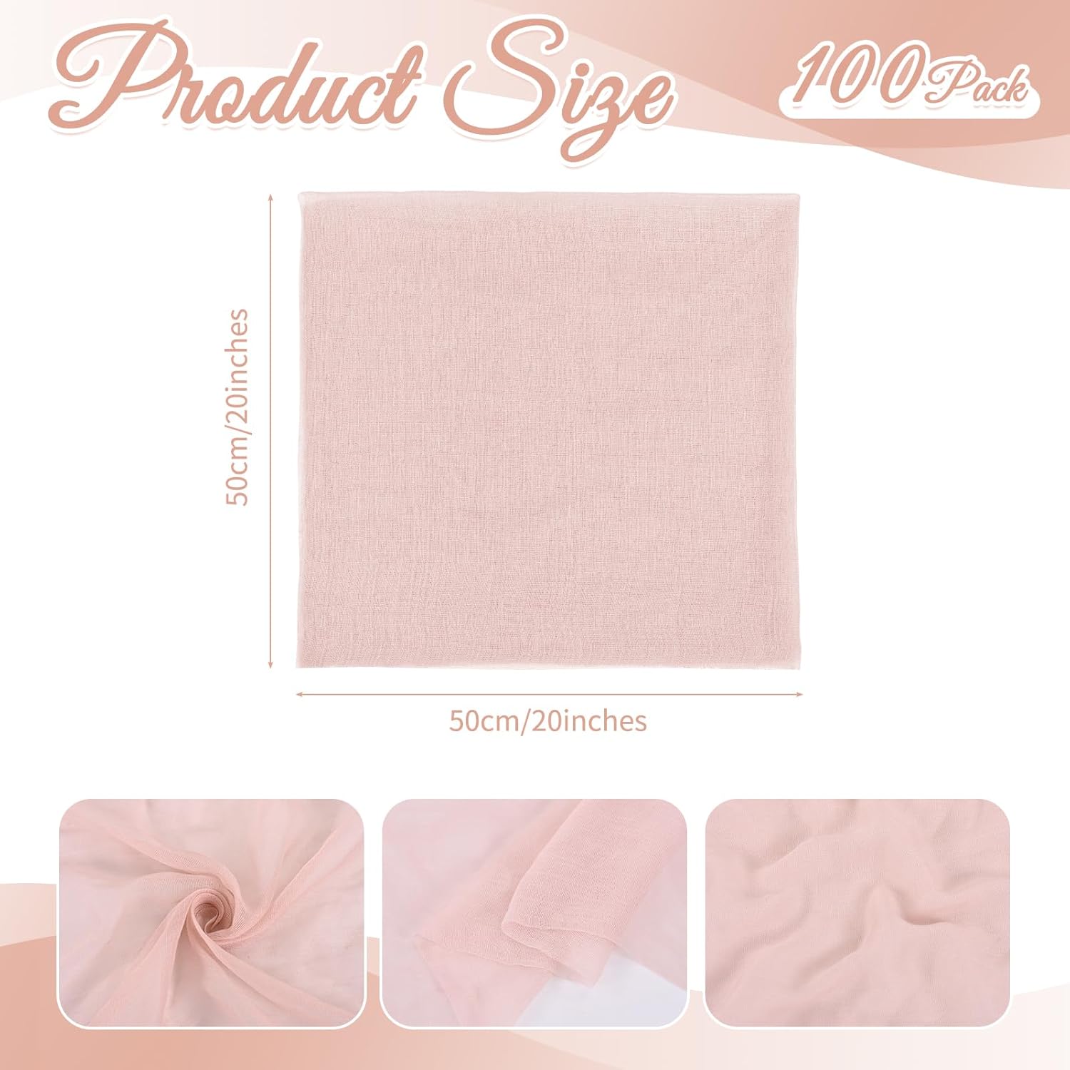 Dusty Pink Cheesecloth Napkins - Bulk Set of 100, 20x20 Inch Washable and Reusable Boho Cotton Gauze Cloth Napkins for Weddings, Bridal Girl Baby Shower, Party and Banquet