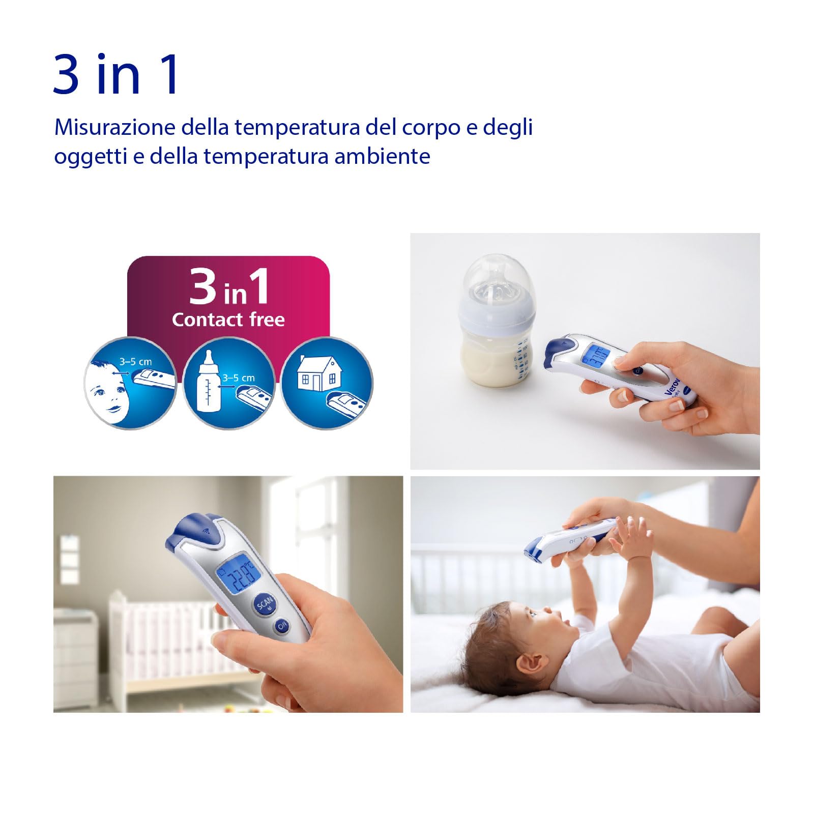 VEROVAL Baby Termometro a infrarossi ARGENTO, misurazione senza contatto e silenziosa, temperatura corporea, temperatura dell'oggetto, temperatura ambiente, misurazione rapida, maneggevolezza