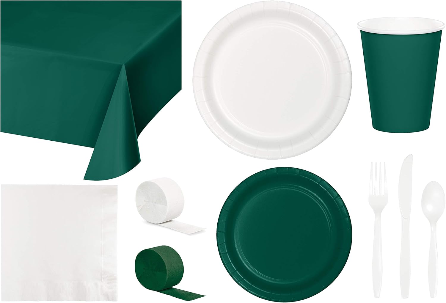 Baxters Party Bundle Bulk, Tableware for 24 People Hunter Green and White, 2 Size Plates Napkins, Paper Cups Tablecovers and Cutlery, Box of 199
