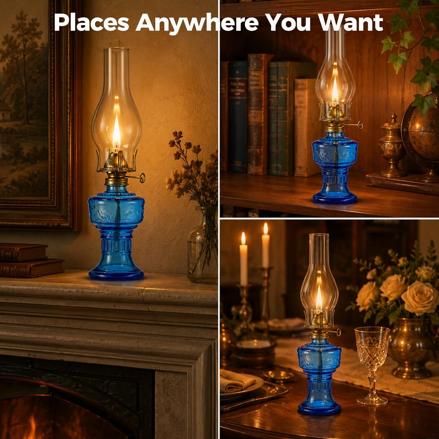 2 Pcs Blue Chamber Oil Lamps for Indoor with Adjustable Wick
