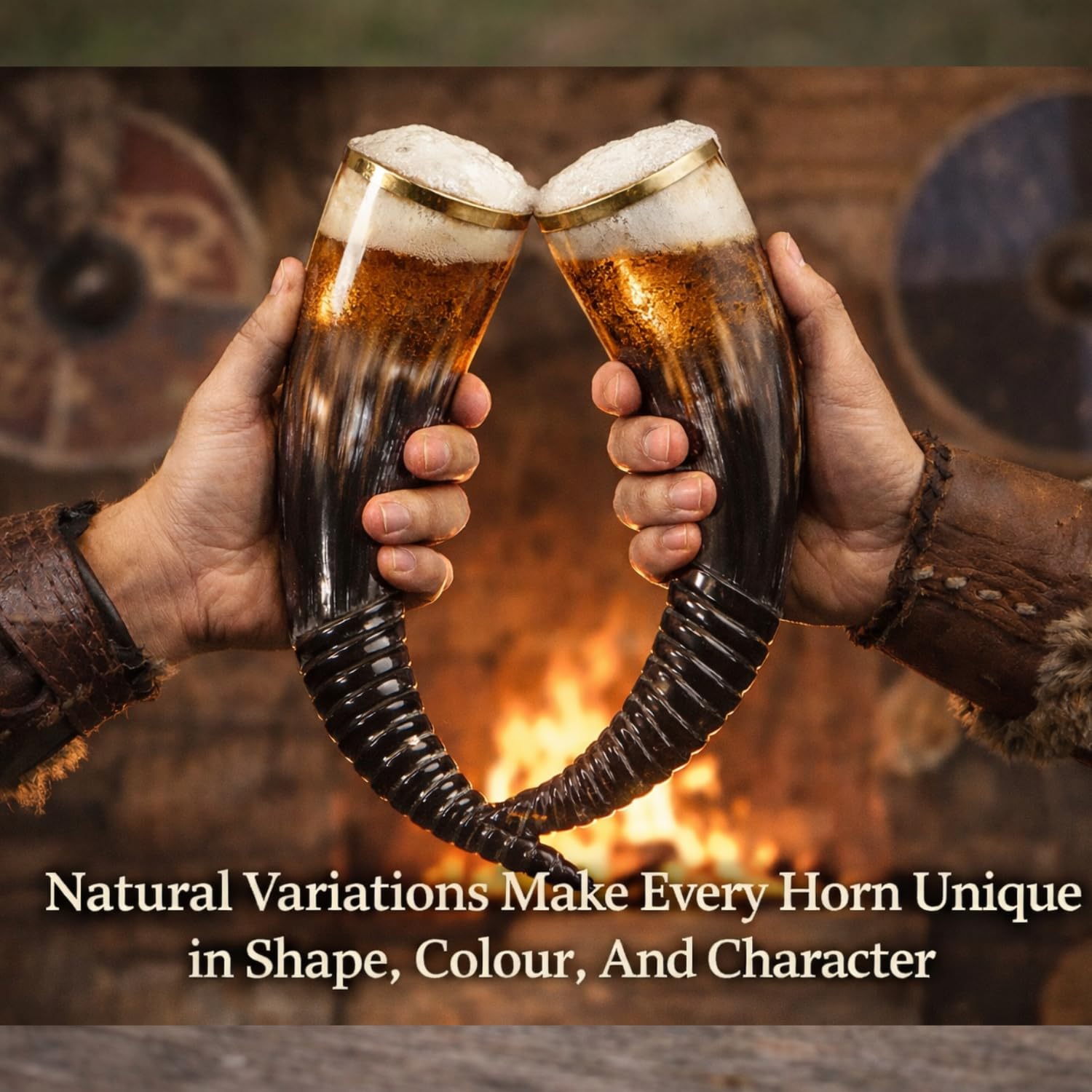 cuerno auténtico de cerveza vikingo con soporte de hierro | Cuerno de Cerveza Medieval de 450-500 ml | Bolsa de regalo de tela incluida (Swirl Horn & Swirl Horn Opener)