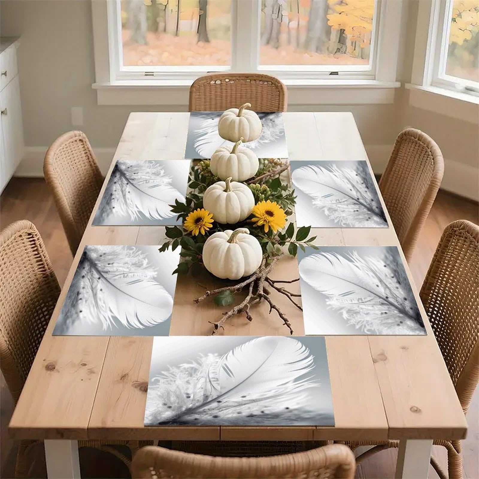 Fluttering White Feathers Placemats Wipeable Heat Resistant Table Mats Washable Flax Place Mats Elegant Cloth Non-Slip Placemat for Kitchen Dinning Party Table Decor 12 * 18 in