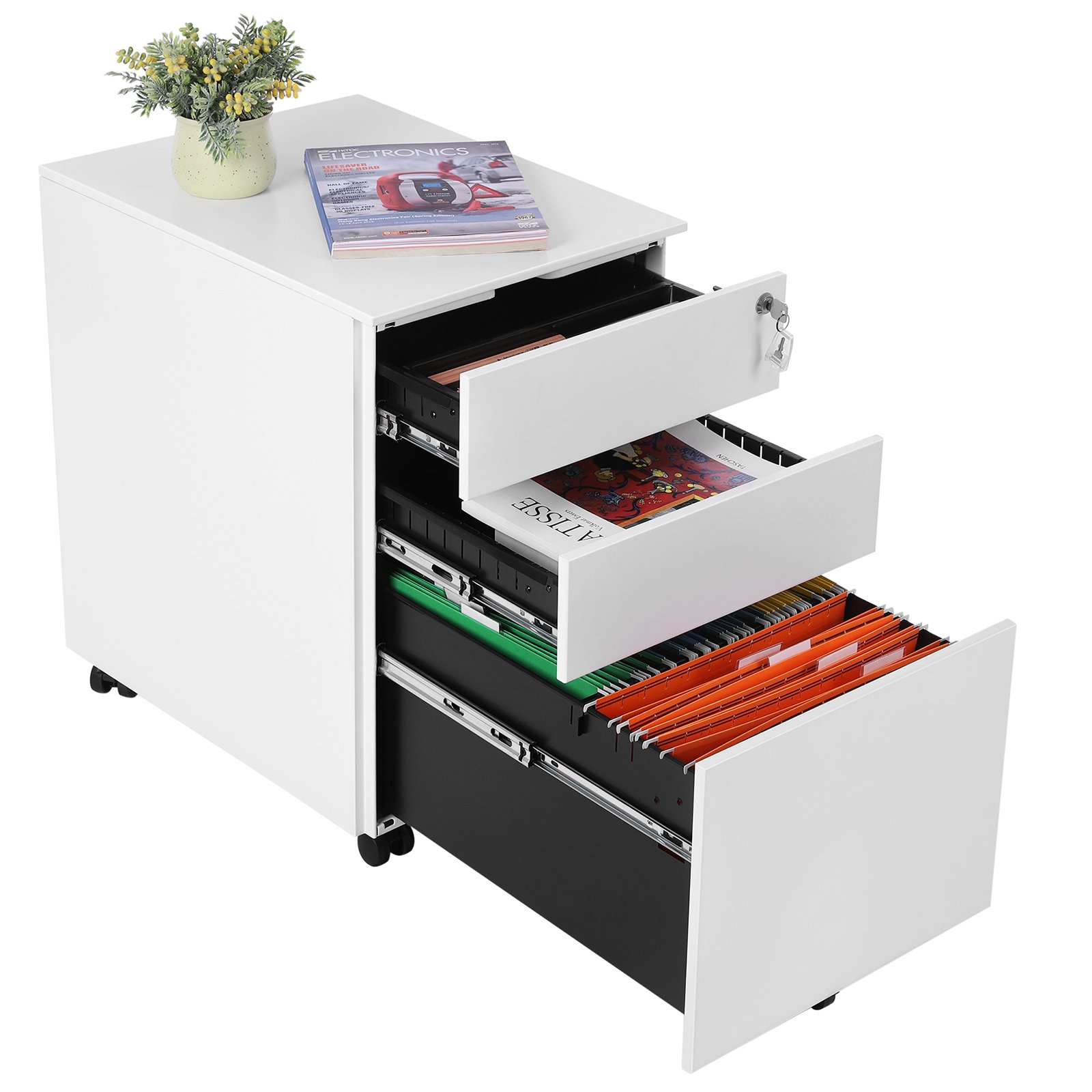 SONGMICS Caisson de Bureau Metal, Caisson de Rangement Mobile, avec roulettes et Serrure, pour Documents et Dossier Suspendu, avec 3 tiroirs, 39 x 52 x 60 cm Blanc OFC60WT