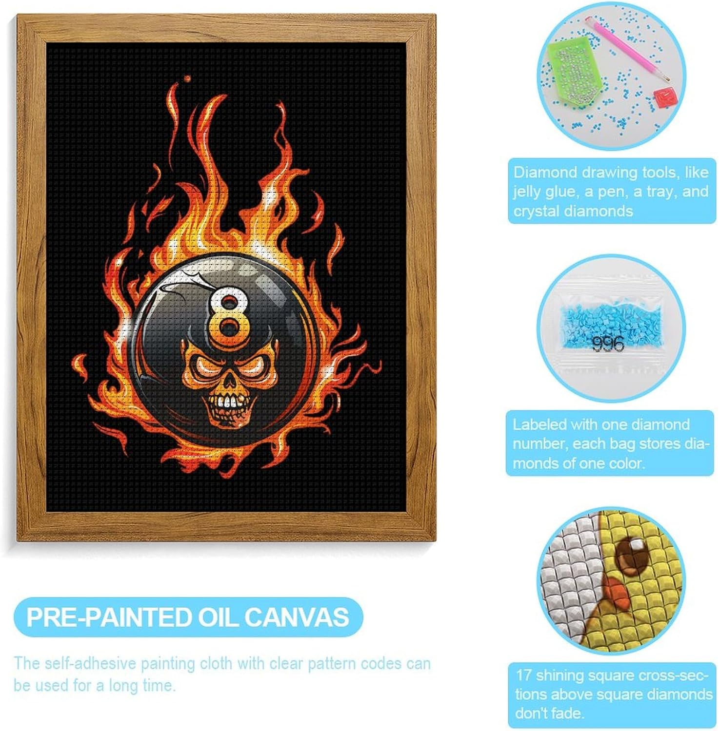 Angry Skull Face 8 Billiard Ball Diamond 5D Painting Kits with Frame DIY Full Round Drill Gem Art Crafts for Home Wall Decor 16 X 20in Yellow Wood 40 * 50cm