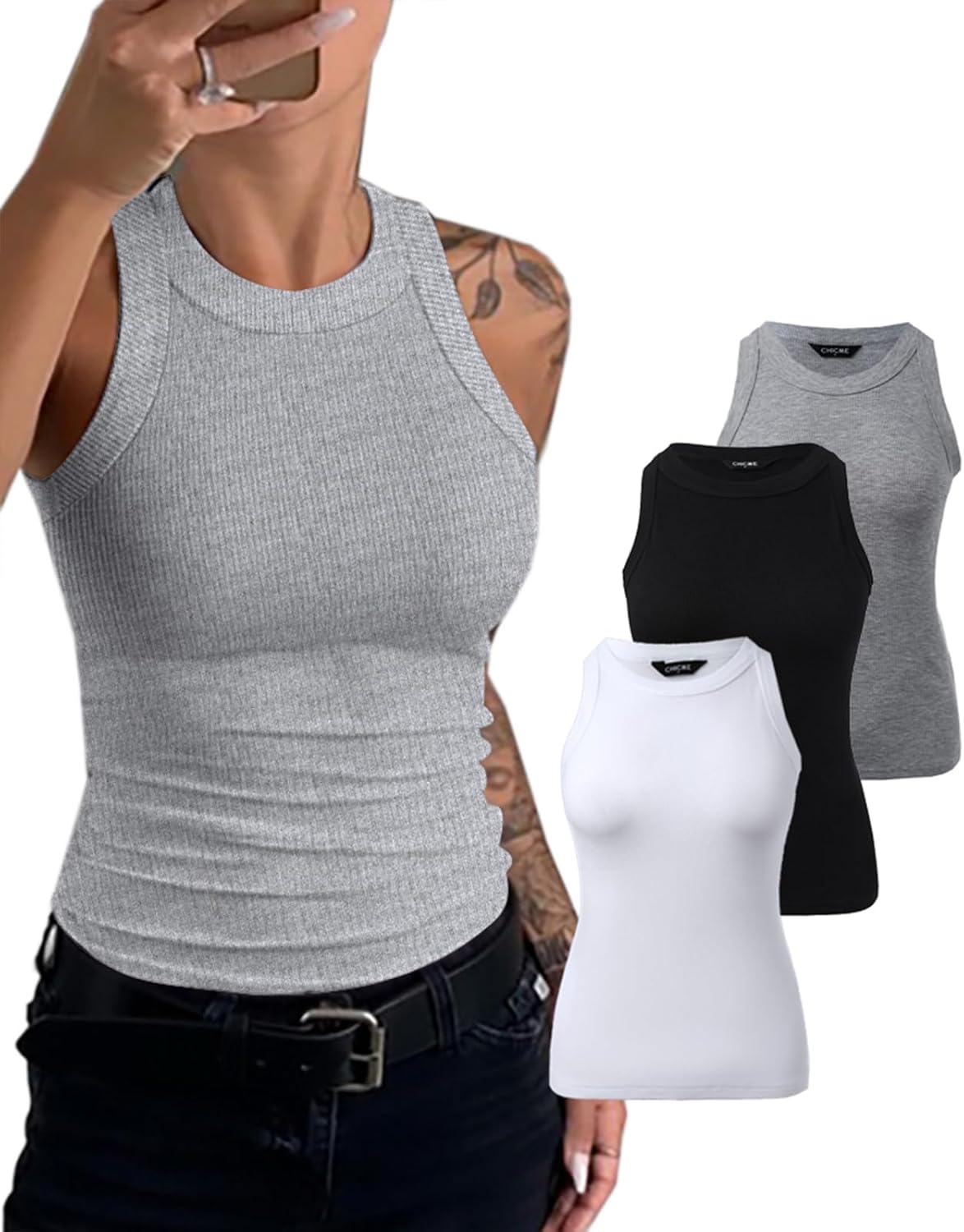 CHICME 3 Piece Womens Tank Tops Sleeveless Basic Cami Shirt Slim Knit Ribbed Racerback Blouses
