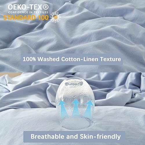 Miniatura 5 de MILDLY Funda de edredón tamaño King, 3 piezas de algodón lavado, color azul, con textura similar al lino, transpirable, juego de ropa de cama King