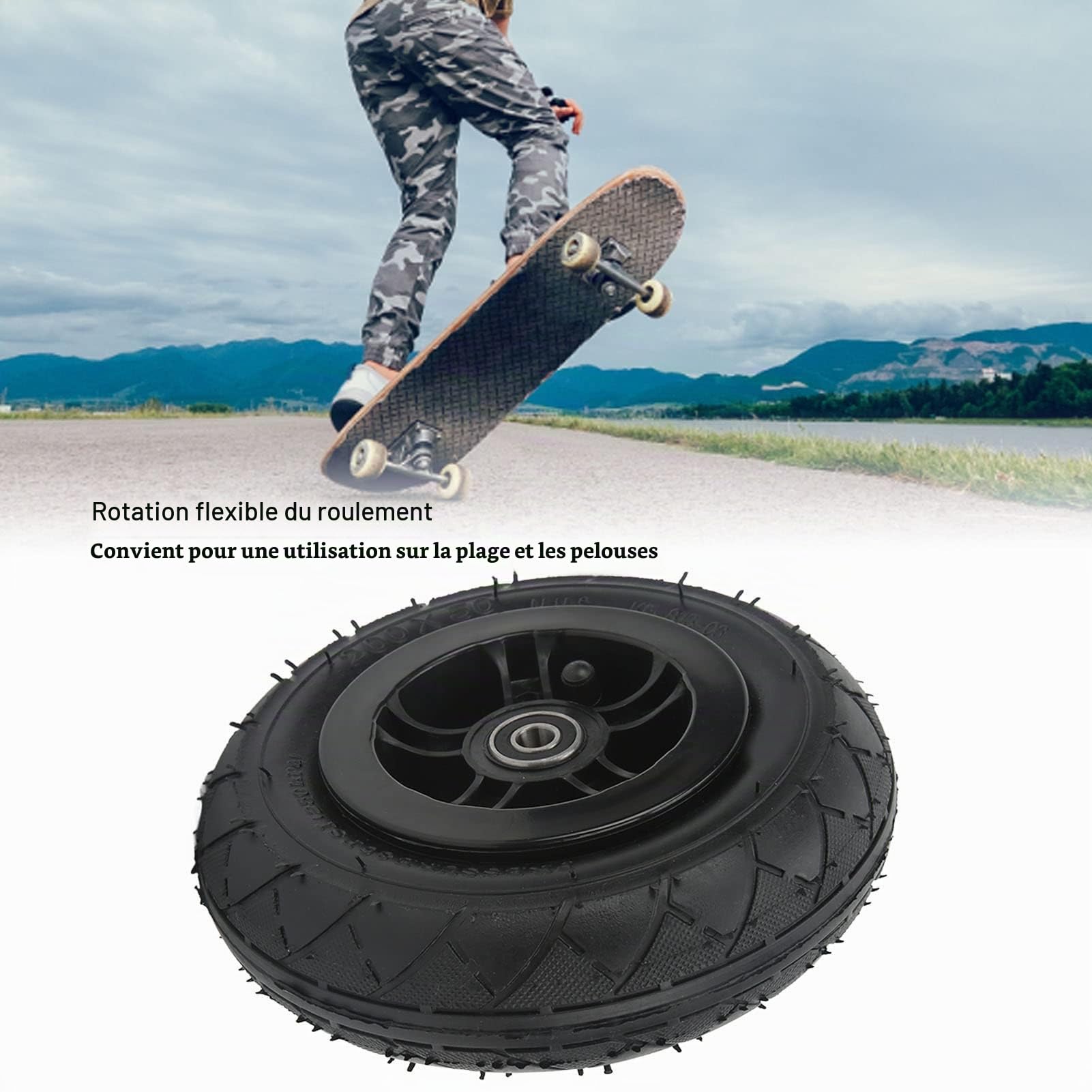 Roue de skateboard tout-terrain, roue de skateboard de 8 pouces avec pneu pneumatique 20 cm/7,9 pouces antidérapant Kit de conversion de scooter de montagne pour remplacement
