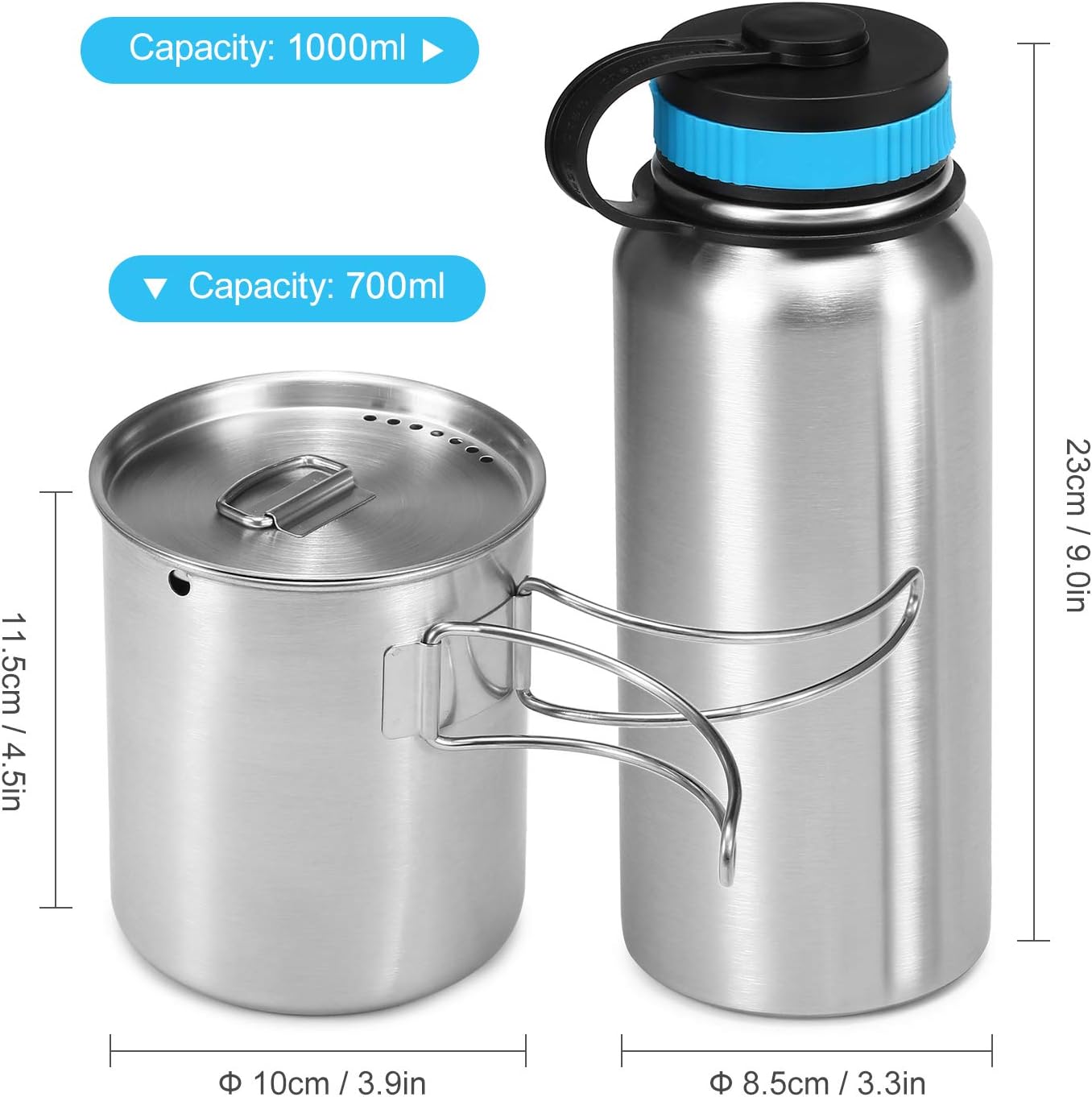 1000ml Stainless Steel Vacuum Insulated Water Bottle with 700ml Water Cup ing Pot for Survival Camping Hiking Backpacking - Image 2