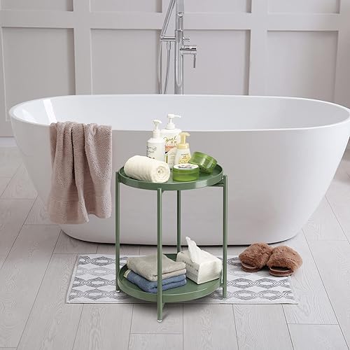 Vista 10 de TeoKJ 2 Tier Green Side Table, Folding Round Metal End Table Small Nightstand with Two Removable Tray for Bedroom Living Room Bedside Small Spaces