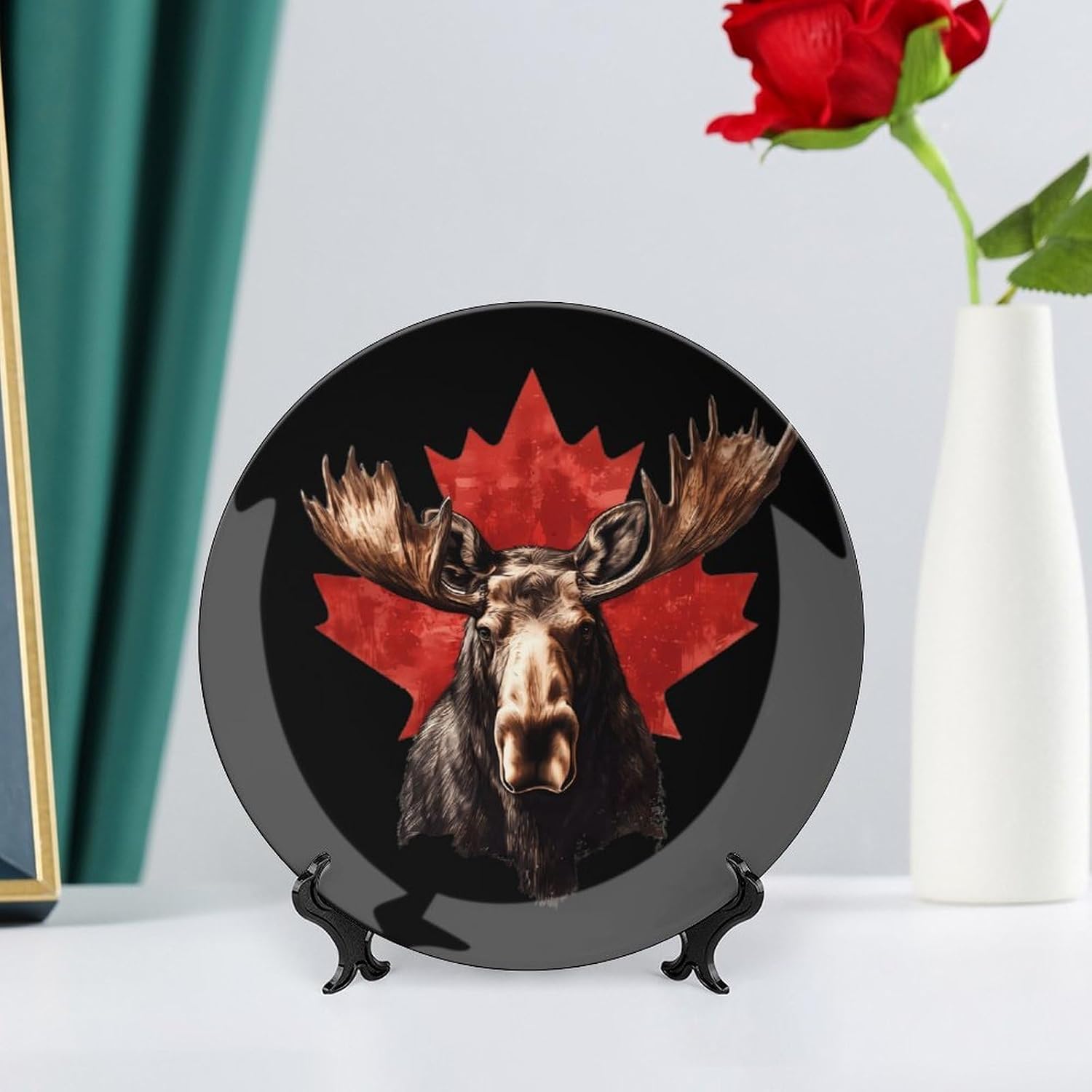 Moose with Canada Flag Bone China Decorative Porcelain Plates Dinnerware Ornaments