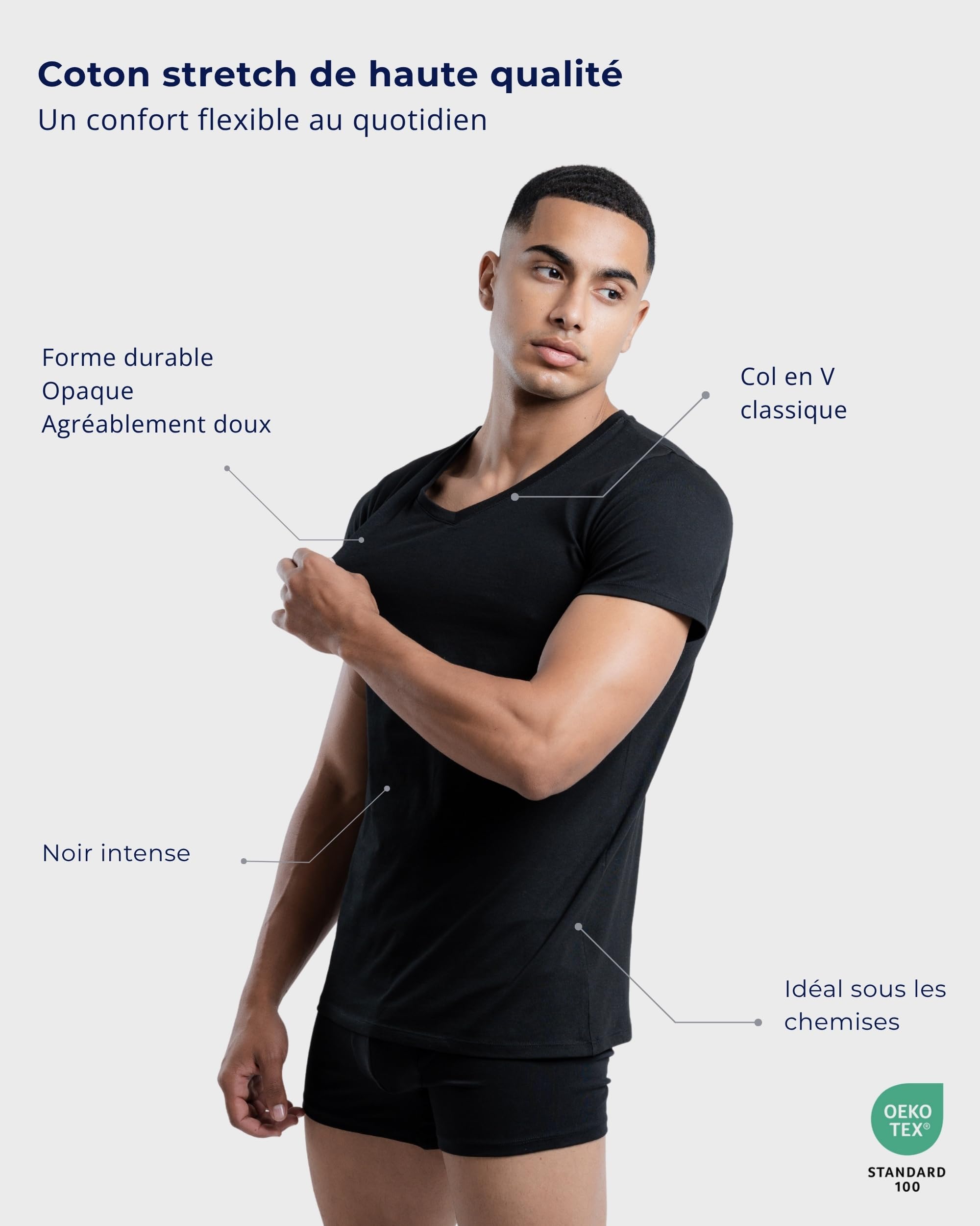 SKIPPER Lot de 3 T-Shirts Homme Stretch Col V Pack Mixte Blanc Noir Beige – Maillots de Corps Slim Fit en Coton Stretch, Respirants et Confortables S-3XL