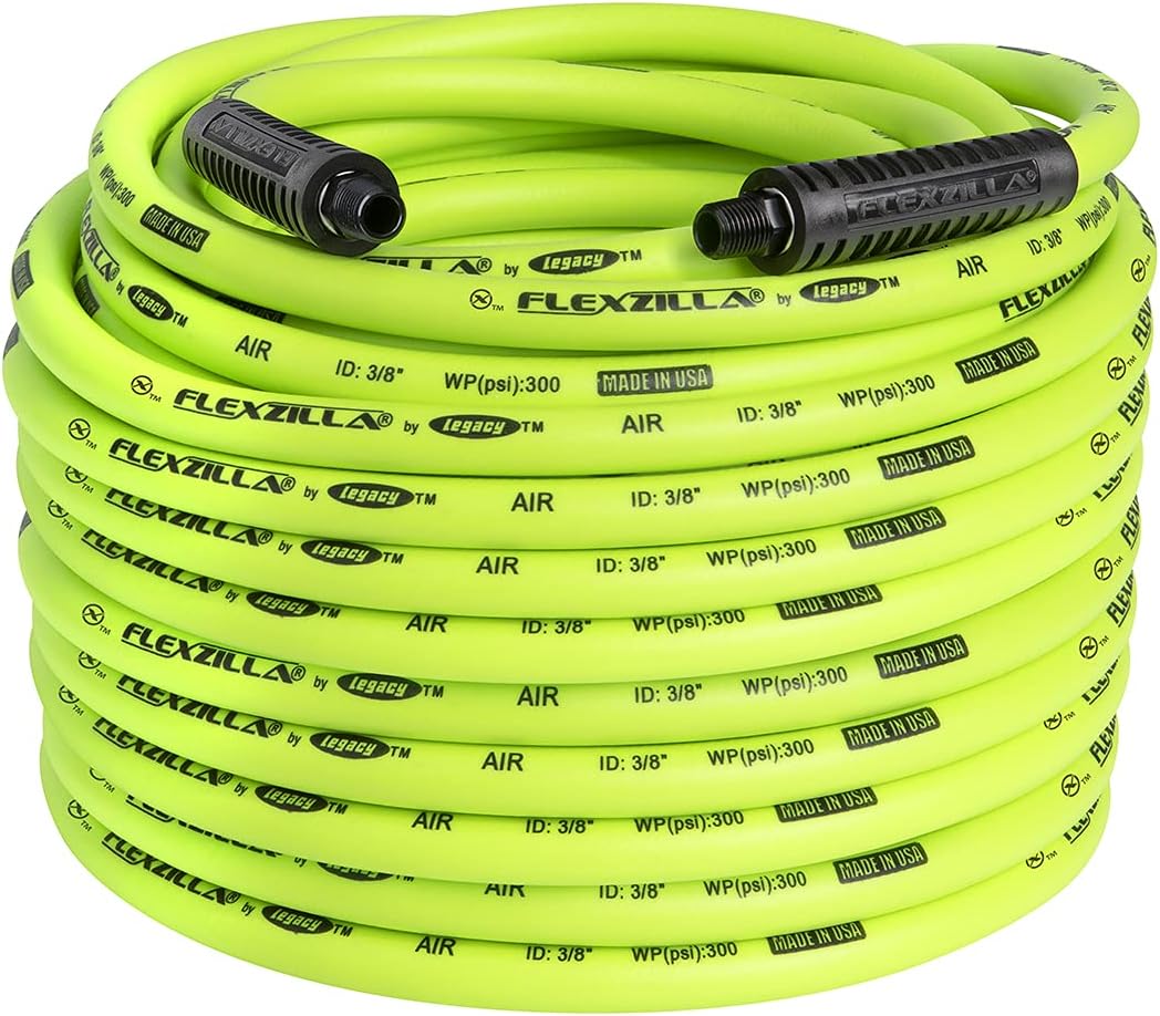 Flexzilla Air Hose, 3/8 in. x 100 ft, 1/4 in. MNPT Fittings, Heavy Duty, Lightweight, Hybrid, ZillaGreen - HFZ38100YW2