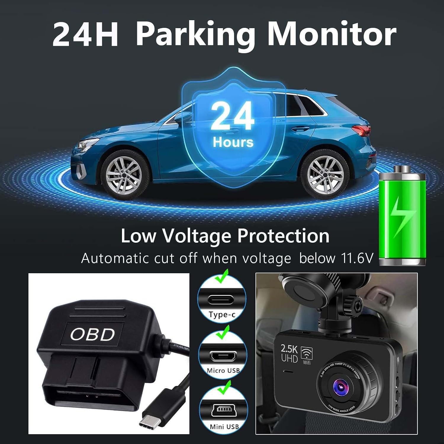 OBD Power Cable Kit Dash Camera USB to Type C Hardwire Kit for Dashcam 12-24V to 5V/3A with 24h Parking Surveillance/Acc Mode for Dashcam GPS or Radar (Type-C-1) image 2