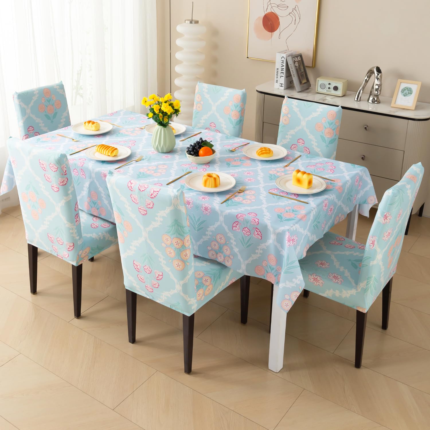 House of Quirk Dining Table Cover Waterproof with 6 Chair Covers for Kitchen Dining Table Cloth Dust and Oil Repellent (Gulshan Sky, 1 Table Cover + 6 Chair Cover)
