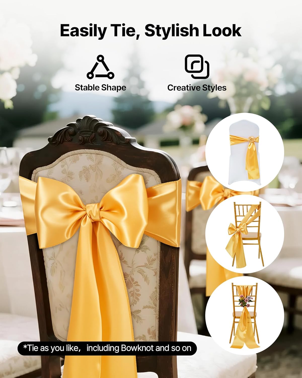 VEVOR Satin Chair Sashes Bows, Chair Ribbon Ties Back Sash, 7 x 108 inch, Wedding Reception Decoration, for Wedding Ceremony Baby Shower Party Events Banquet Cover Decoration (Gold, 100pcs)
