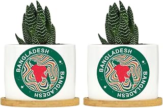 Vintage Painting Bangladesh Outline Planters Ceramic National Flags Round Flower Pots with Drainage Holes and Bamboo Tray Pot for Pots Outdoor Indoor Plants