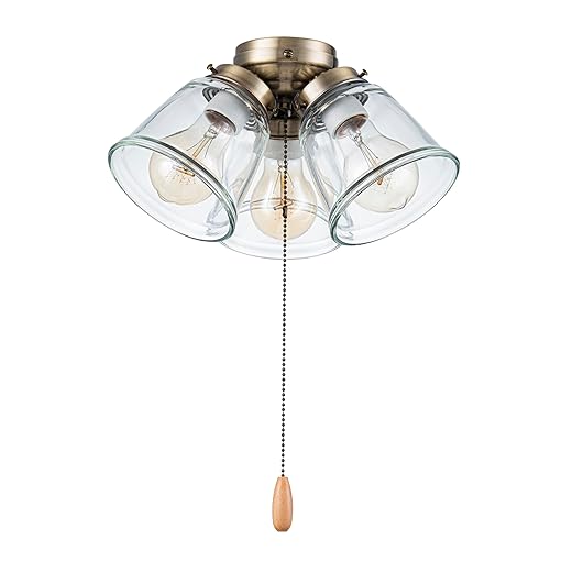 Aspen Creative 22014-1, Three-Light Ceiling Fan Light Kit with Pull Chain, Antique Brass Finish with Clear Glass Shades, 13-1/8" Diameter x 6-3/4" Height