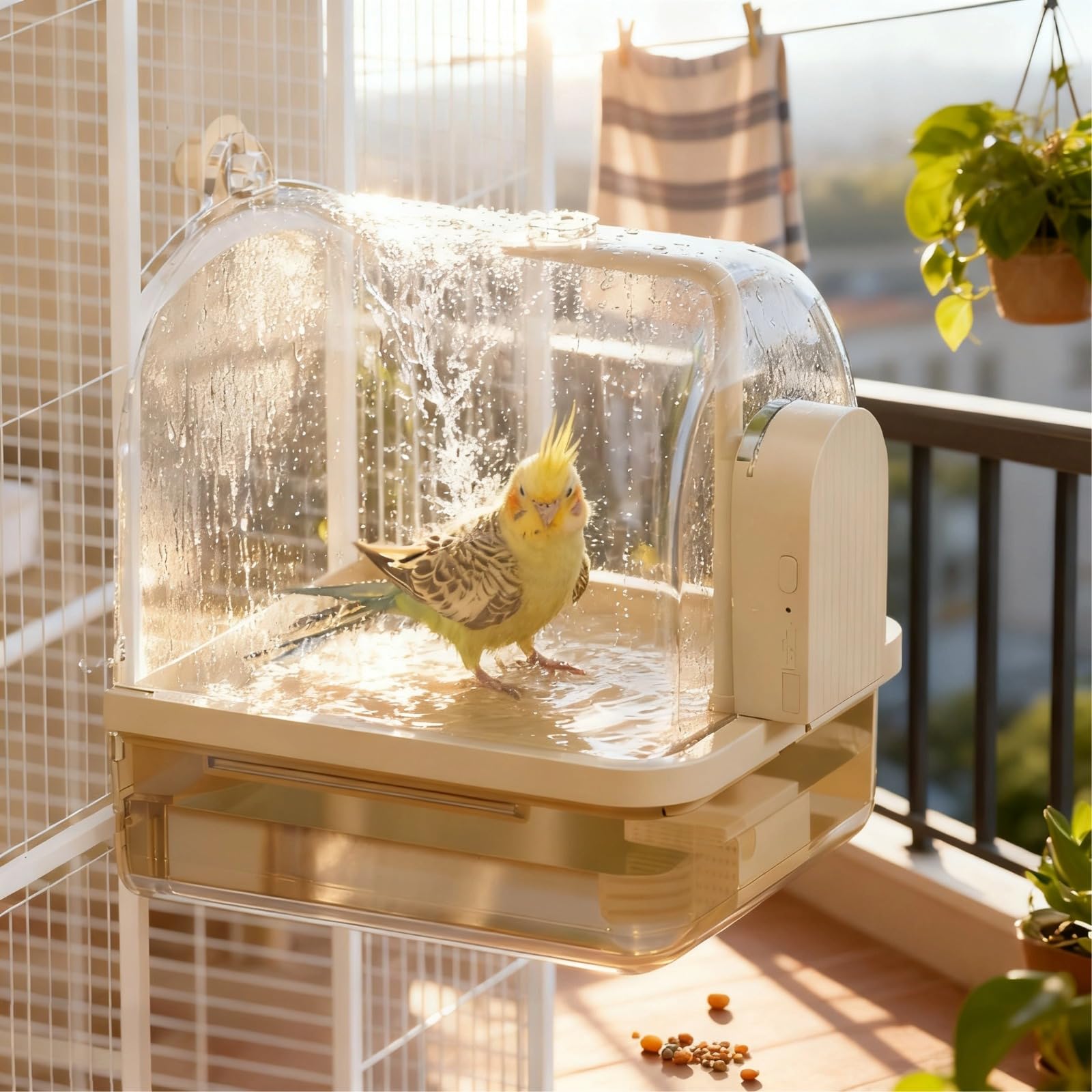 Baño automático para pájaros con sensor, ducha eléctrica para loros, tanque de agua de 1000 ml, batería recargable de 1200 mAh, bañera a prueba de salpicaduras, café