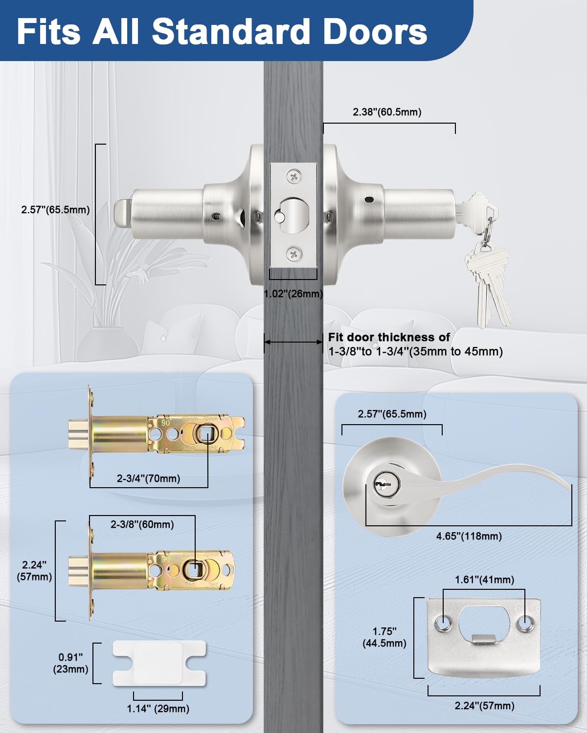 GOBEKOR 1 Pack Brushed Nickel Door Lock with Keys,Wave Style Keyed Alike Entry Door Handles with Lock,Suitable for Indoor/Outdoor and Exterior/Interior - 5
