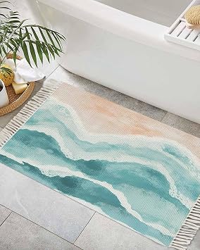 Teal Boho Coastal Bathroom Rug 2x3 Front Door Mat with Tassel Cotton Woven Throw Area Rug Washable Small Entry Rug Ocean Beach Wave Ombre Green Low Profile Carpet for Kitchen Laundry Room