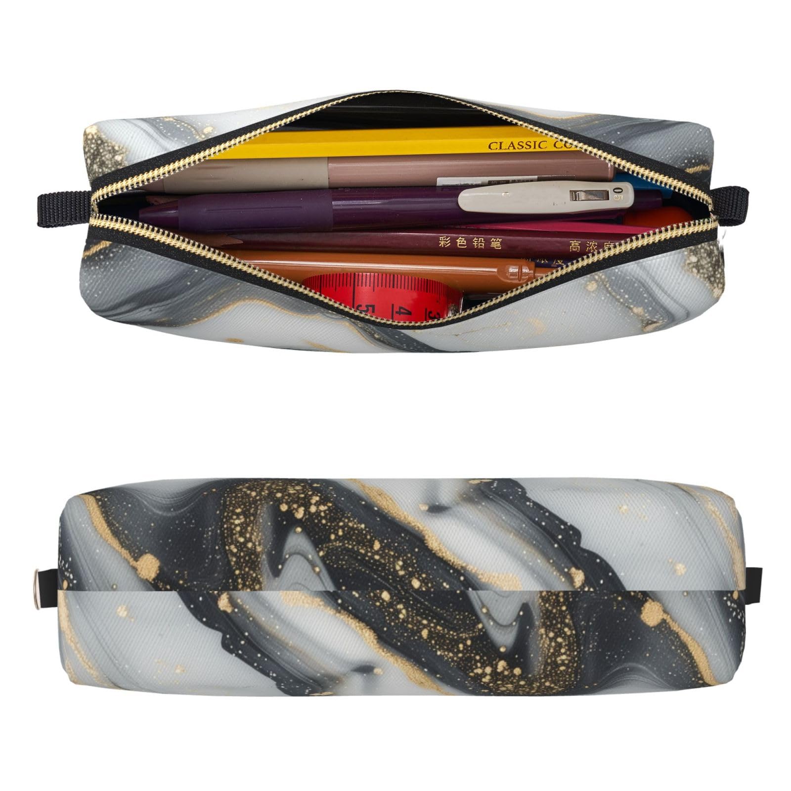 Mexpekil Leather Pencil Case for Girls Boys Black Grey Marble Small Pen Organizer Bag Zipper Slim Multi-Use Pouch for School Supplies Kids Adults