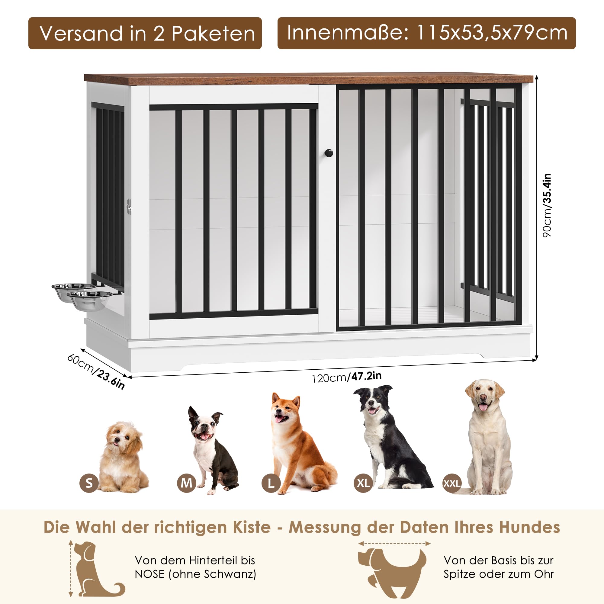 FirFurd Hundekäfig Möbel 120cm breit Hundebox für Zuhause Hundehütte XXL Hundekäfig aus Metall und Holz Hundebox für große Hunde 120 x 90 x 60 cm Braun & Weiß