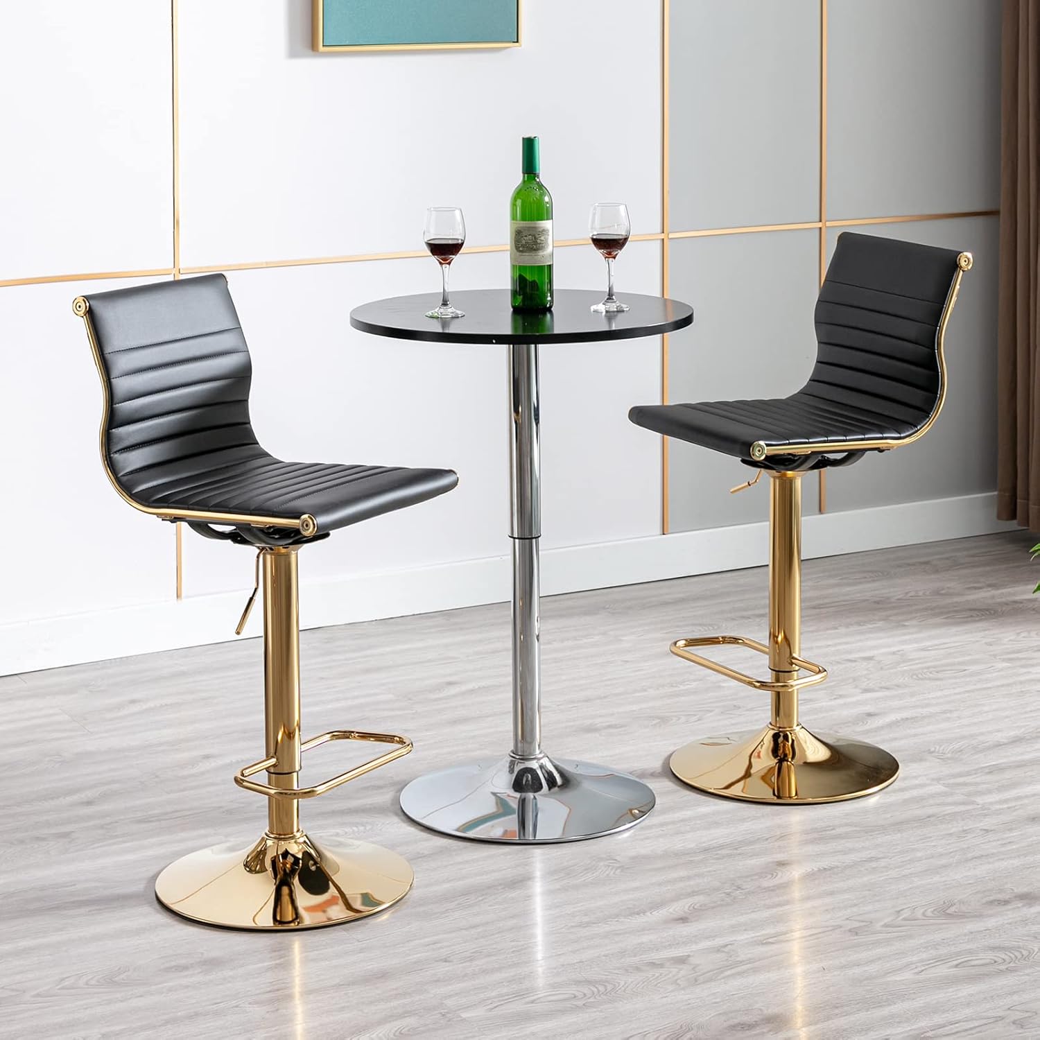 LZAREAL Metal Bar Stools Chairs Set of 2 Height Adjustable Barstools Modern Black PU Leather Armless Counter Stool with Golden Base for Kitchen Island/Bar/Dining Room - Black, 2PCS