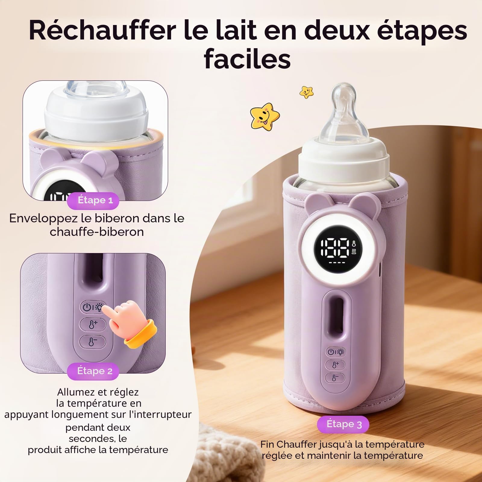 Chauffe Biberon Nomade, Chauffe-biberon Sans Fil USB, Écran LED Visibilité Nocturne, 8 Niveaux de Température 38-50°C, Chauffe-biberon Électrique 8000mAh, 24 Heures d'isolation pour Voiture et Voyage