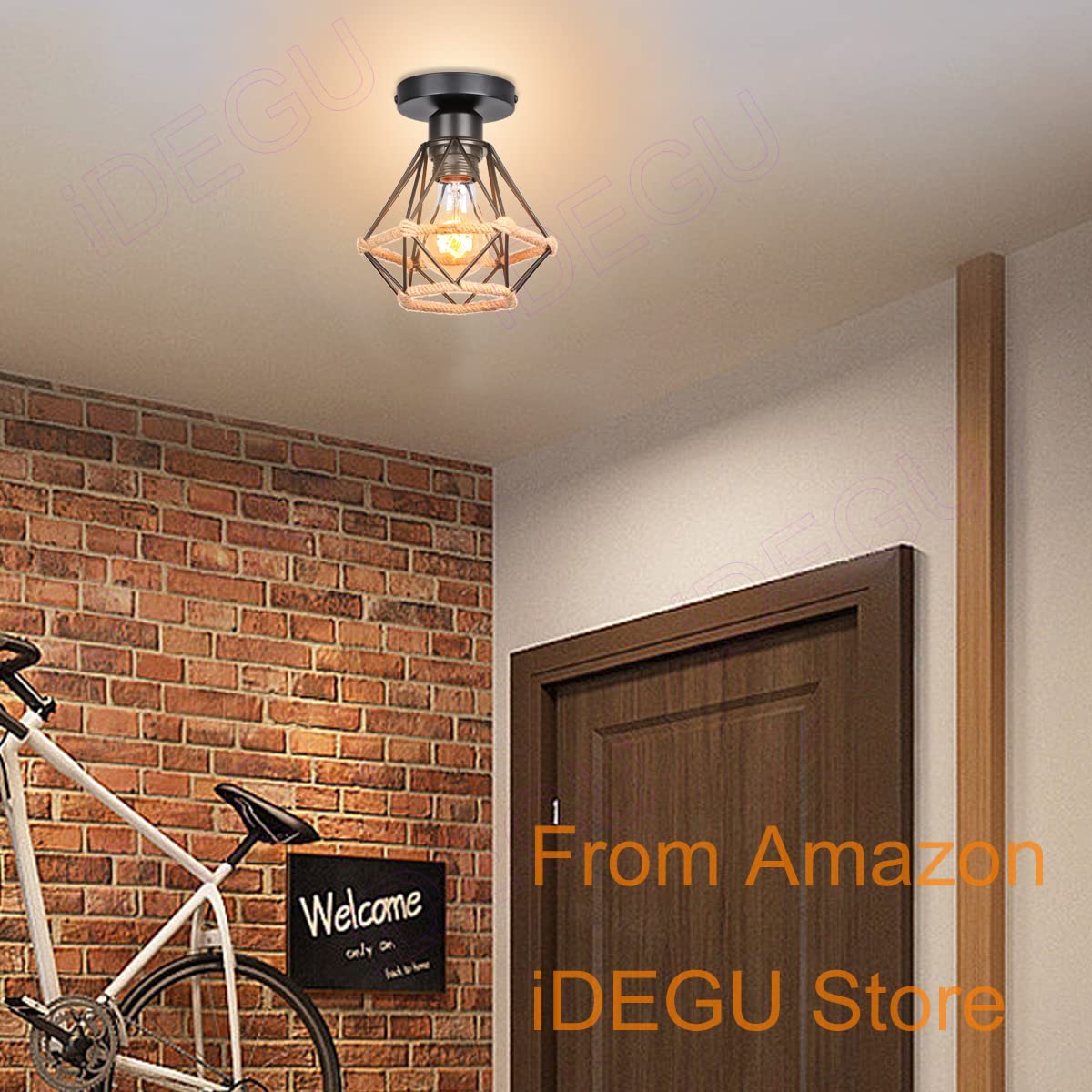 iDEGU 3 Piezas Lámparas de Techo Vintage 16CM E27 Iluminación de Techo Industrial de Metal con Cuerda de Cáñamo Retro Diseño Jaula Lámpara Colgante para Dormitorio Café Salón Pasillo