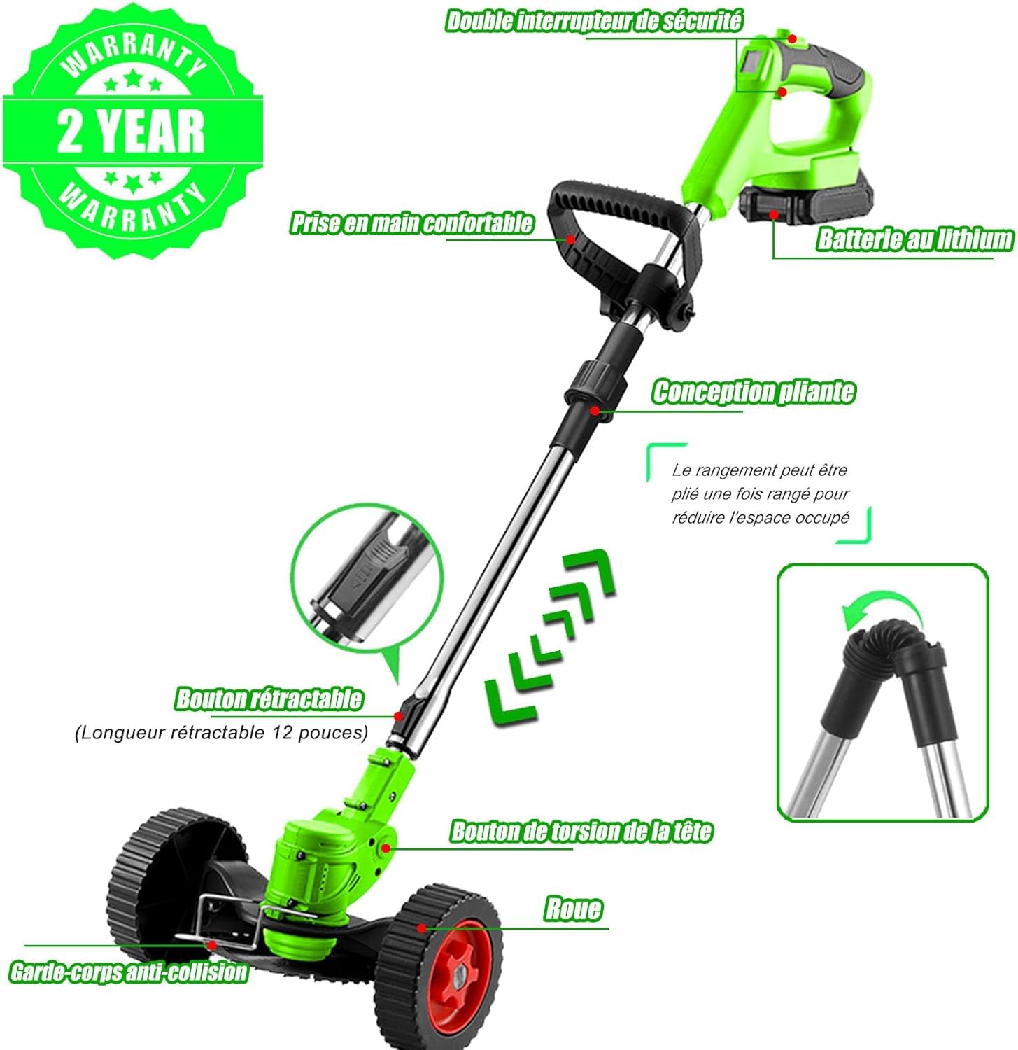 Débroussailleuse Electrique Bordure,Coupe Bordure sans Fil avec Batterie 21V avec 2 Batterie De 2.0 Ah et 1 Chargeur Rapide & 4 Types De Lames Et De Roues pour Jardin Et Cour