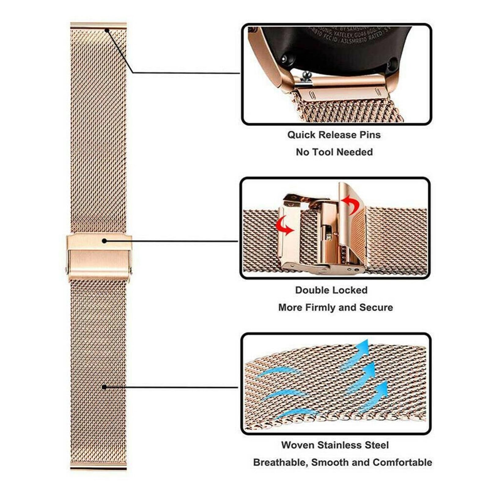 HABITZ Kompatybilny for Huawei GT3 42mm/46mm SmartWatch Band GT GT2 42mm Milanese bransoleta ze stali nierdzewnej uniwersalny pasek zamienny 20/22 mm (Color : Gold, Size : G T 46mm)