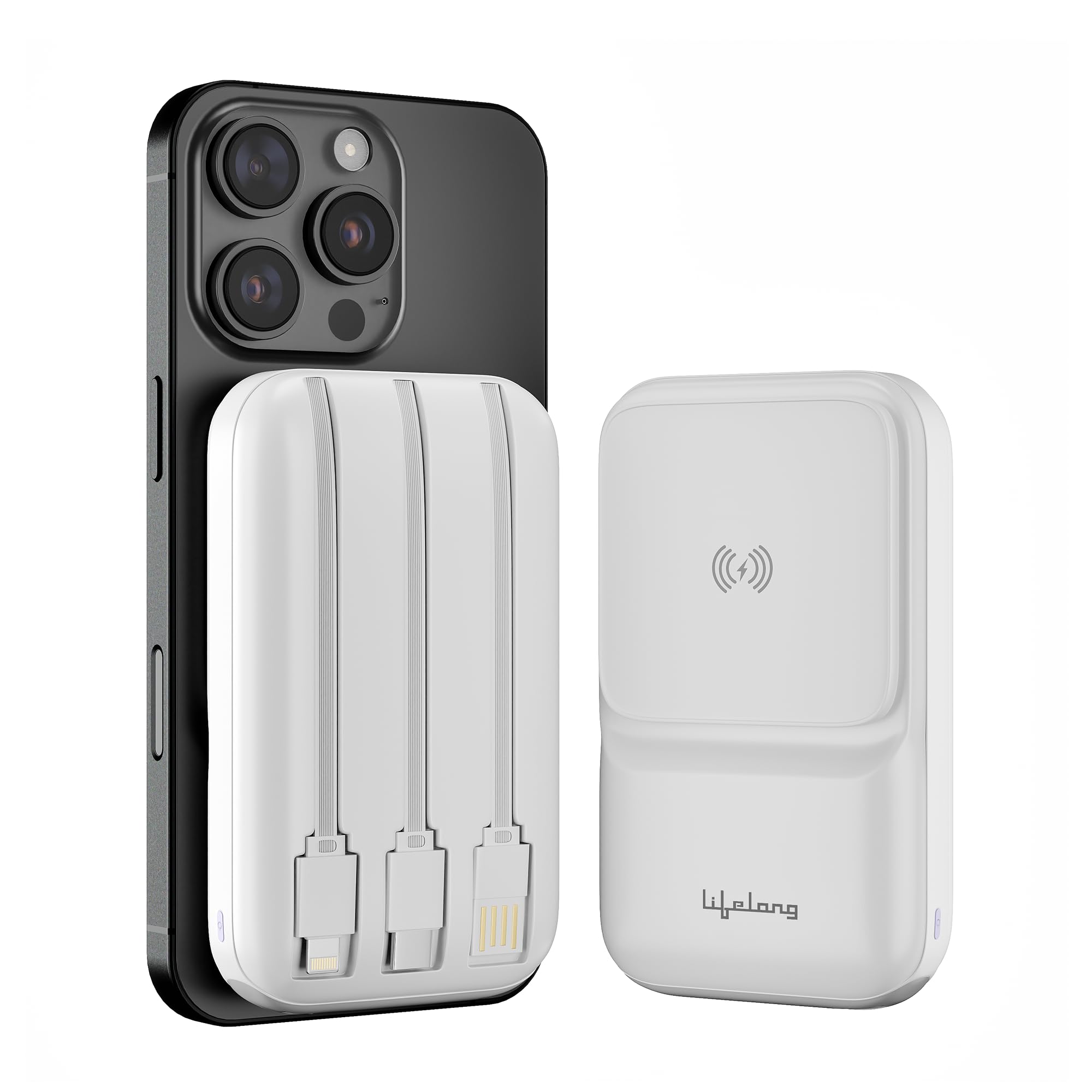 Electronics 10000mAh MagSafe Wireless Fast Charging Power Bank | Slim & Compact | For iPhone & All Wireless Enabled Phone | Type C & Lightning Input | 3 In-built Cables| 15W Wireless | QC 3.0