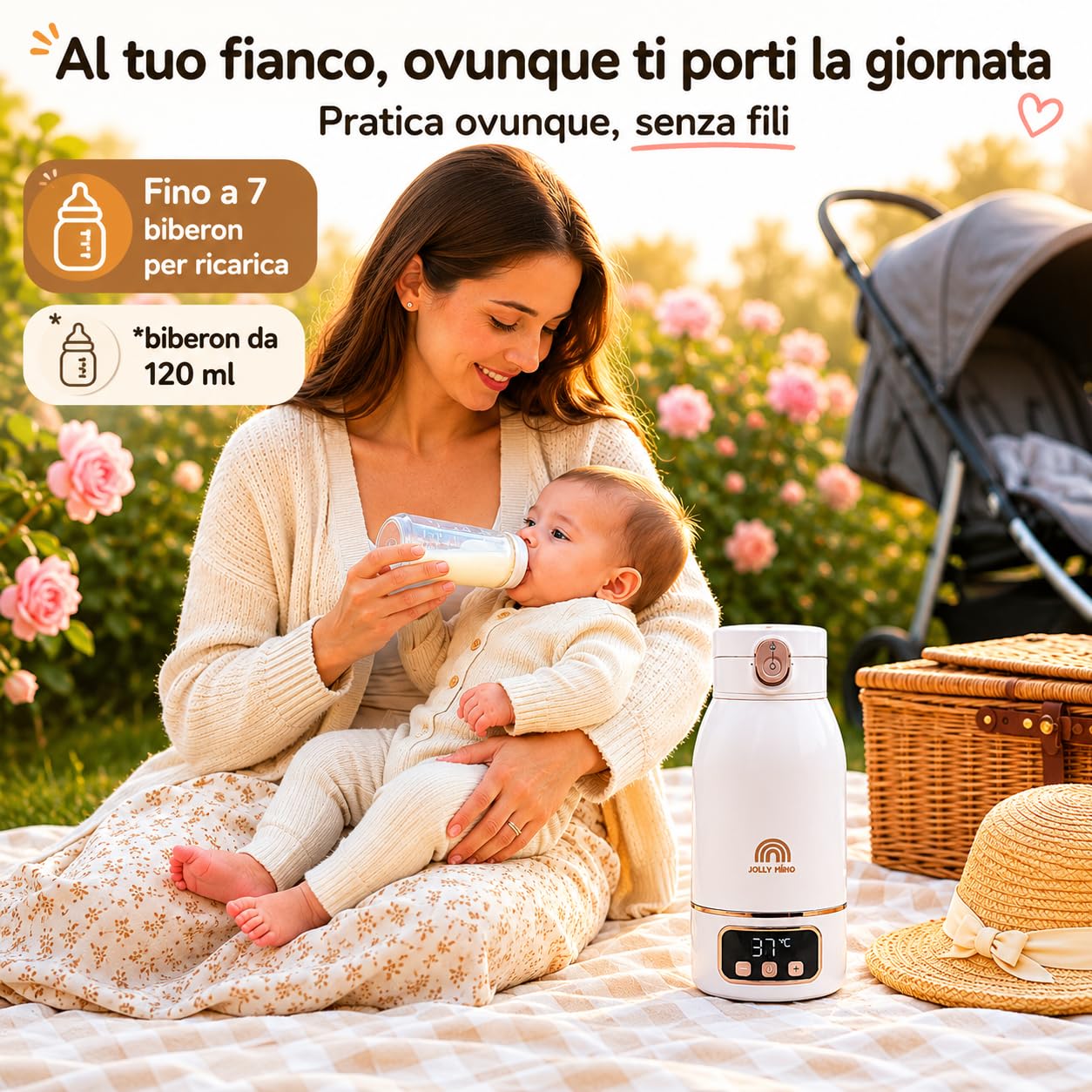 Scaldabiberon Portatile Senza Fili 500ml, Acciaio Inox, Temperatura Regolabile 35-55°C, Acqua e Latte Materno, Viaggio/Auto/Notte, Spazzolino Incluso, Design Dorato Premium