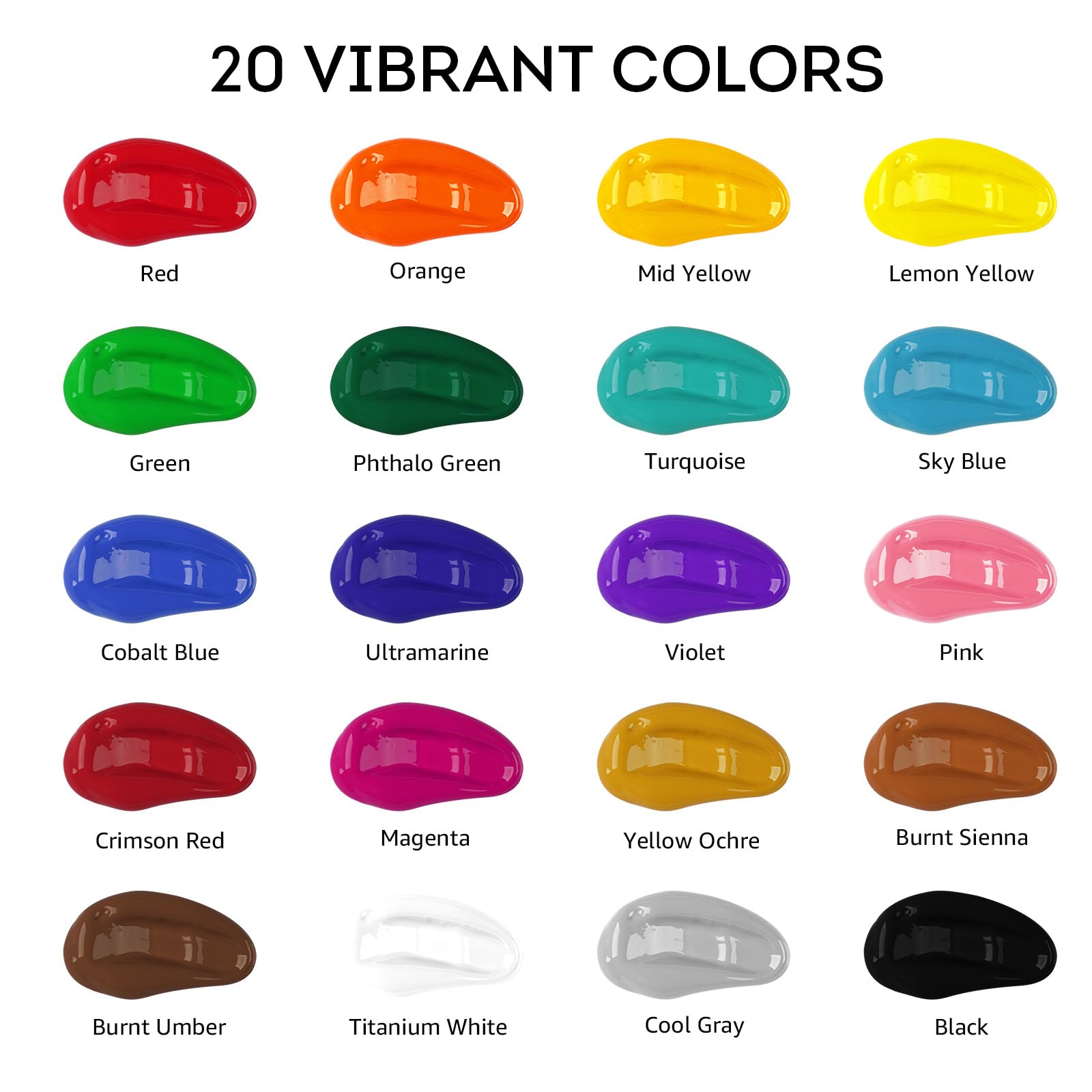 ABEIER Juego de pintura acrílica a granel, 20 colores (250 ml), acabado mate, pigmentos ricos, pinturas no tóxicas para pintar sobre lienzo, manualidades, madera, cerámica, ideal para principiantes y