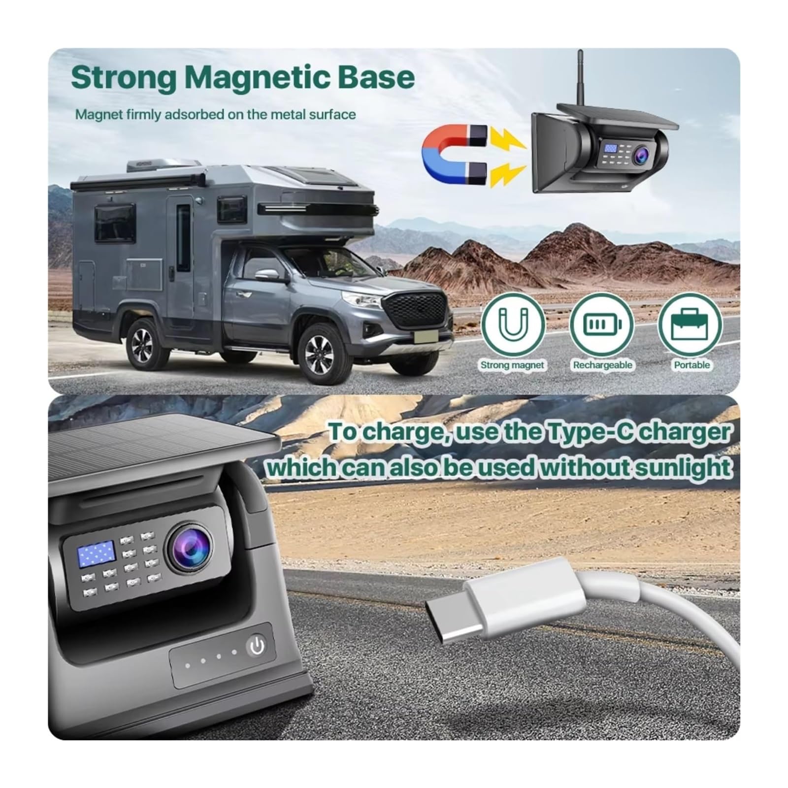 Cámara Visión Trasera Inalámbrica Magnética Energía Solar WiFi 5G para Remolques Autocaravanas Nocturna por Infrarrojos 1080p Cámara de Respaldo