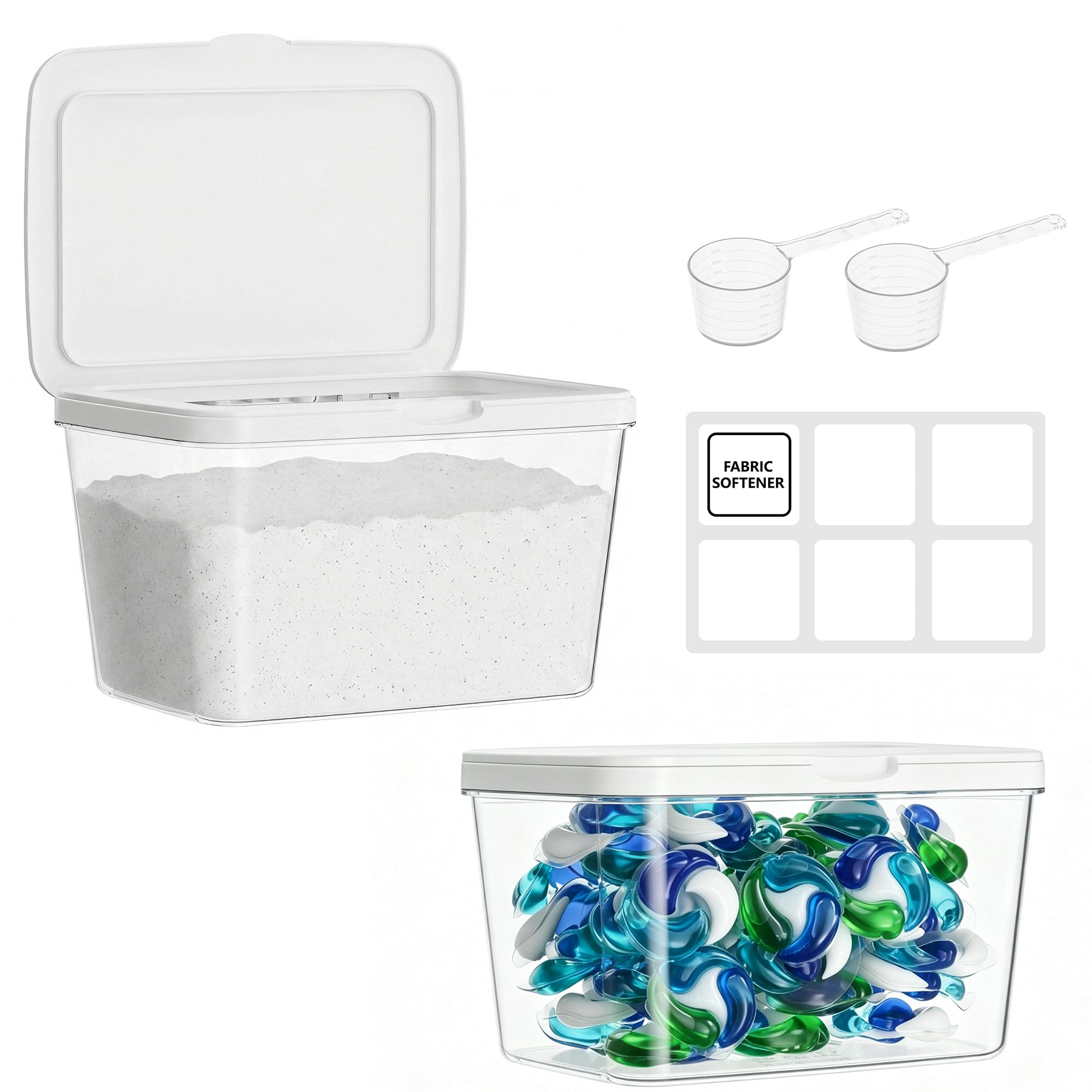 Vtopmart Waschmittel Aufbewahrungsbox mit Deckel für Wäsche Pods | Waschpulver Aufbewahrungsbox mit Etikette und Löffel, Waschmittelbox für Pulver Duftperlen Booster