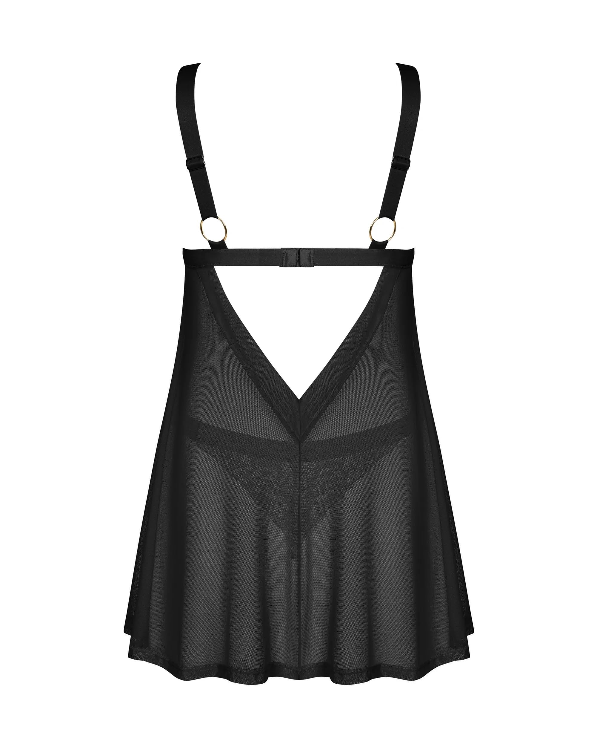 Selente Love & Fun Raffinato Completo Intimo Donna a 3 Pezzi: negligé o Babydoll, Tanga Abbinato ed esclusiba Benda per Occhi in Raso. Made in EU.