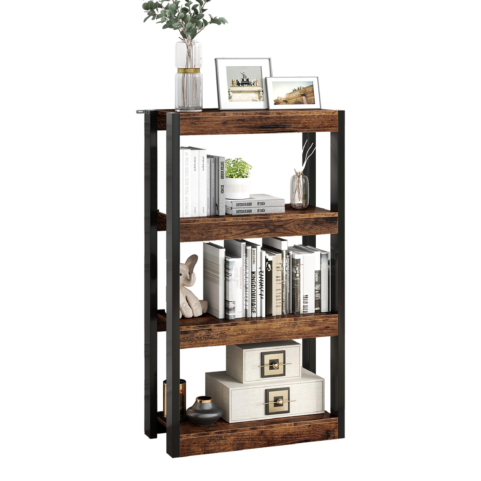 CASART 3/4-Tier Narrow Bookcase, Freestanding Storage Shelf Ladder Bookshelf with Anti-Tipping Kits, Display Shelf Plant Stand for Office Study Living Room (4-Tier: 60 x 28 x 108cm)