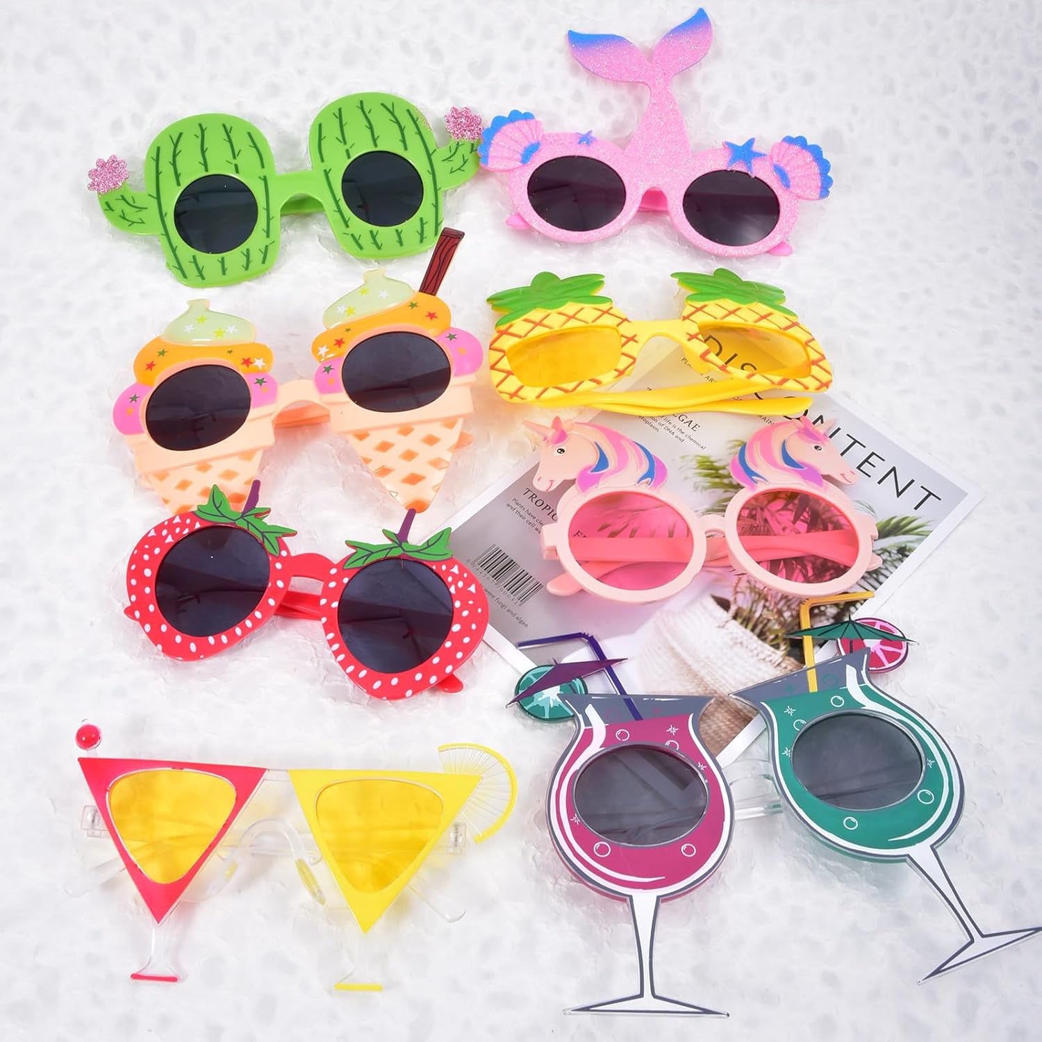 9 Pcs Hawaiian Party Sunglasses Set, Tropical Novelty Funny Glasses, Luau Beach Birthday & World Cup Viewing Party Favors with Pineapple, Cocktail, Unicorn Design for Adults Photo Props