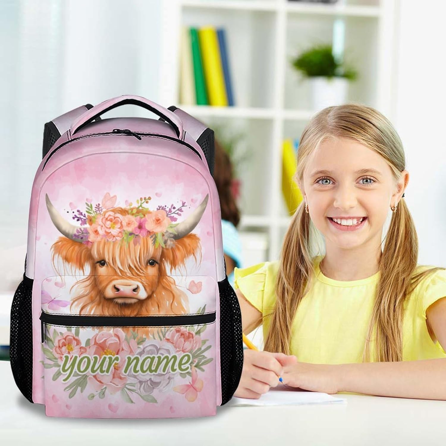 Personalized Backpack for Girls Boys, 17 Inch Highland Cow Backpacks for Kindergarten Preschool, Pink Cute Durable Bookbag for Kids