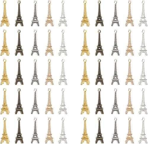 EXCEART 60 piezas Mini colgantes de simulación Torre Eiffel colgantes colgantes colgantes para joyería DIY llavero accesorios (color al azar), Zinc,