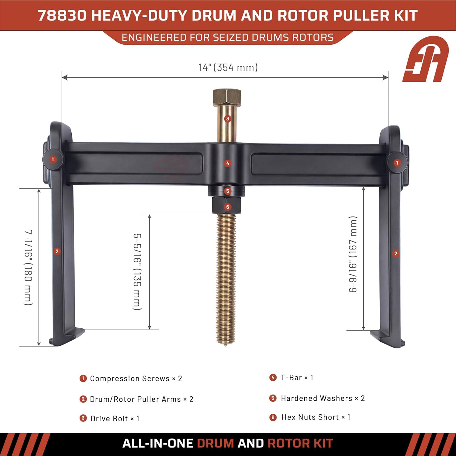 Hub Drum and Rotor Puller Kit 78830, Heavy Duty Brake Drum Rotor Hub Removal Pneumatic Tool, 14" Spread