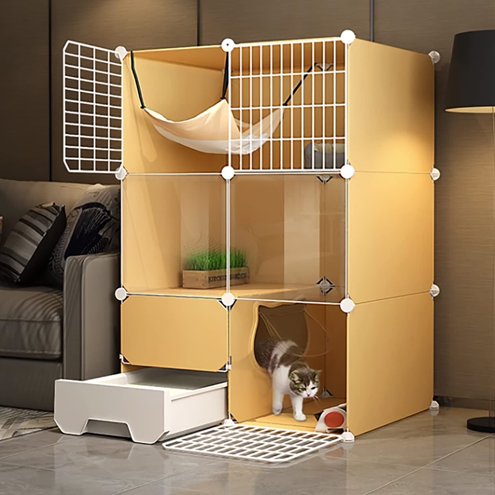 Cage pour chat d'intérieur modulable avec bac à litière coulissant et hamac suspendu