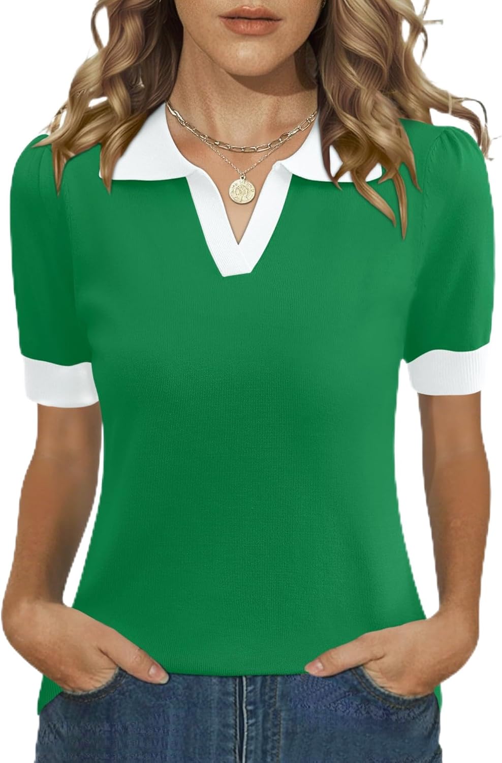 LOMON Womens Puff Short Sleeve Polo Sweater V Neck Knitted Tops Casual Ribbed Shirt Pullover Blouse