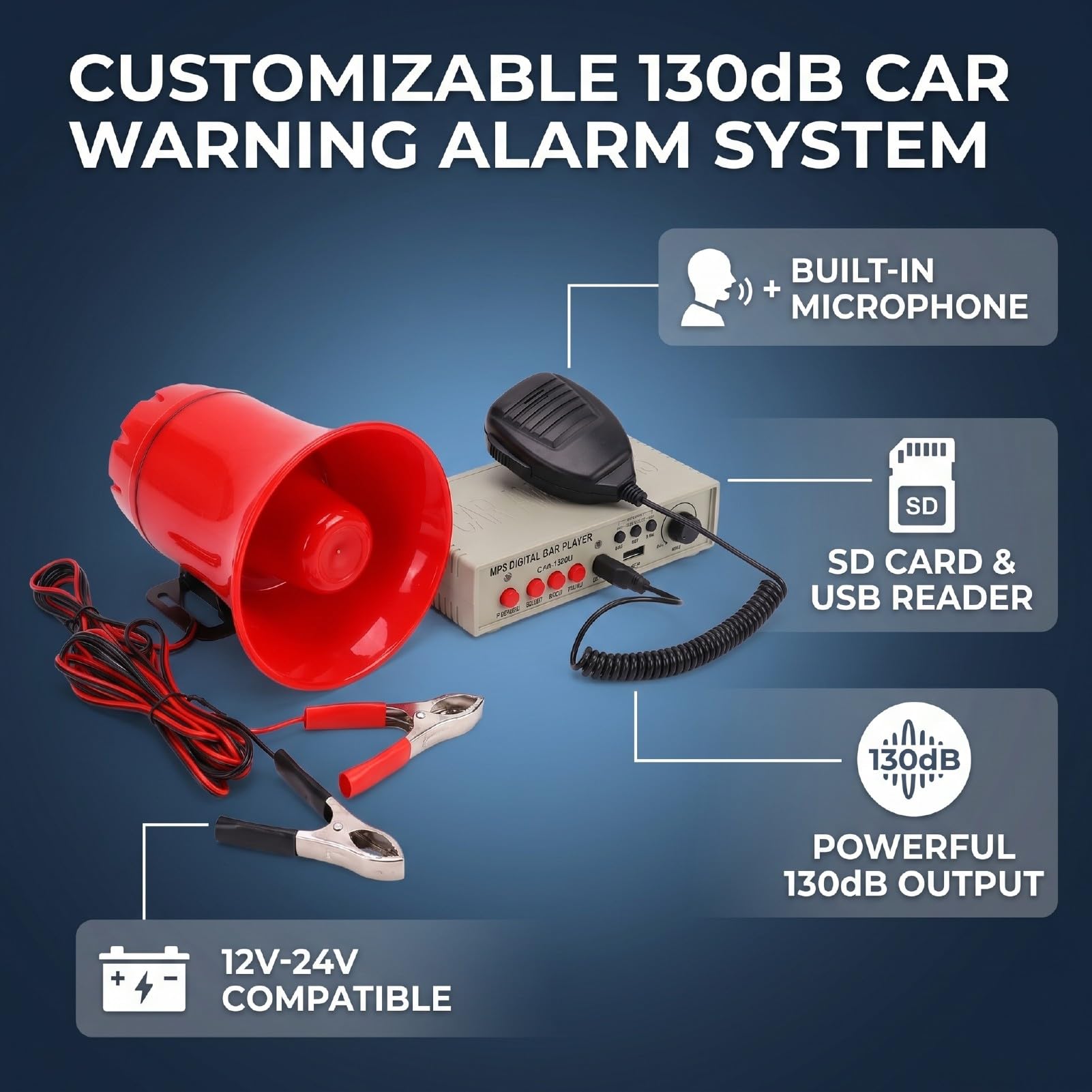 Irfora Sirène D'avertissement de Véhicule, Alarme à Haut Rendement 130 DB avec Lecteur MP3 et Micro pour Camions, Alertes Personnalisables et Construction Durable
