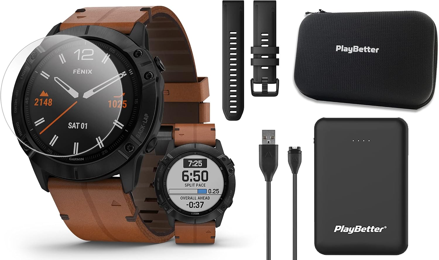 Garmin Fenix 6X Sapphire (Black/Leather Band) Power Bundle | with Extra Quickfit Band, Portable Charger, Screen Protectors & Hard Case | Multisport GPS Smartwatch | PacePro, Music | 010-02157-13